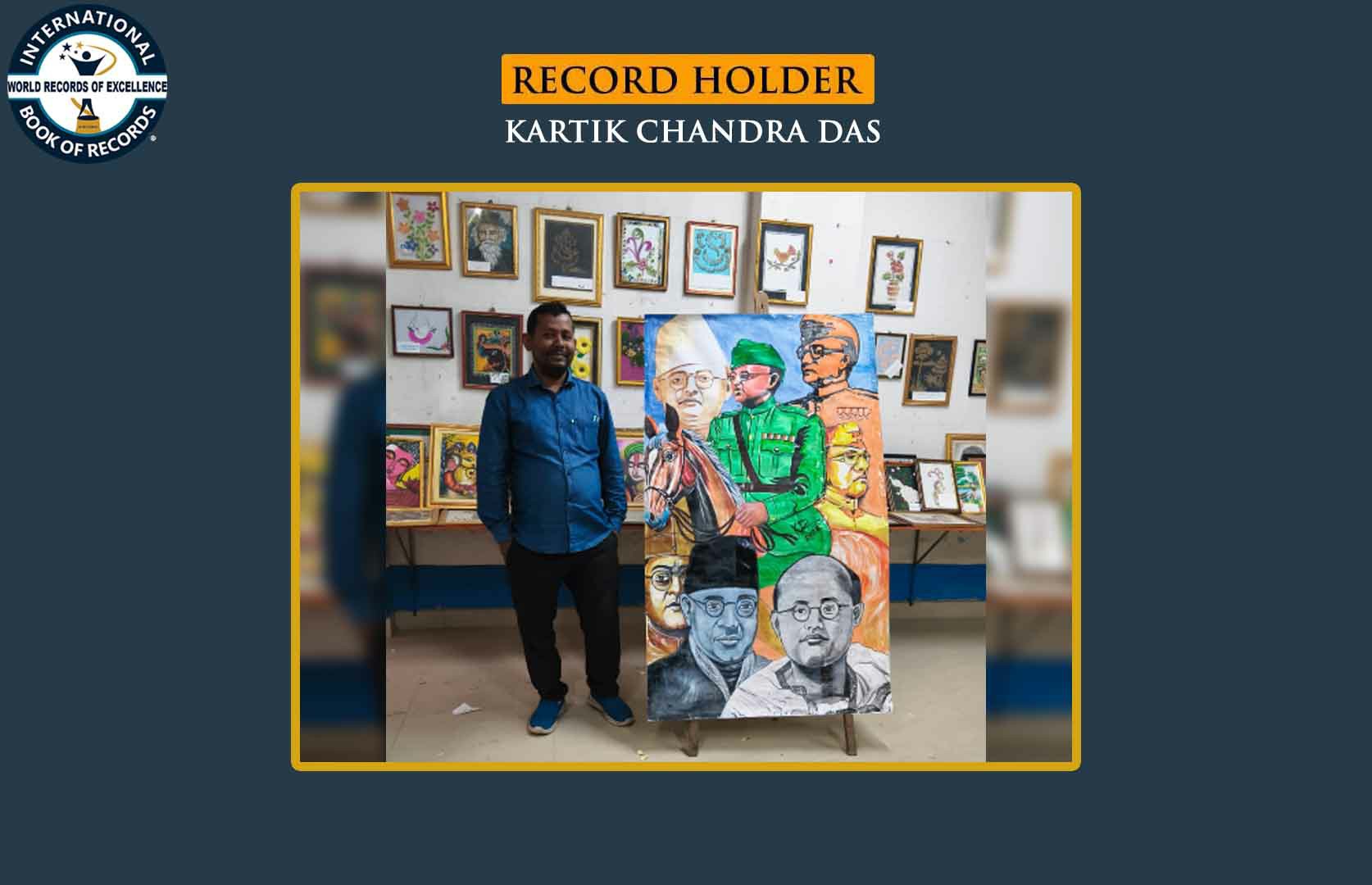 MAXIMUM PORTRAITS OF SUBHAS CHANDRA BOSE CREATED ON A 5-FOOT CANVAS USING ACRYLIC COLORS