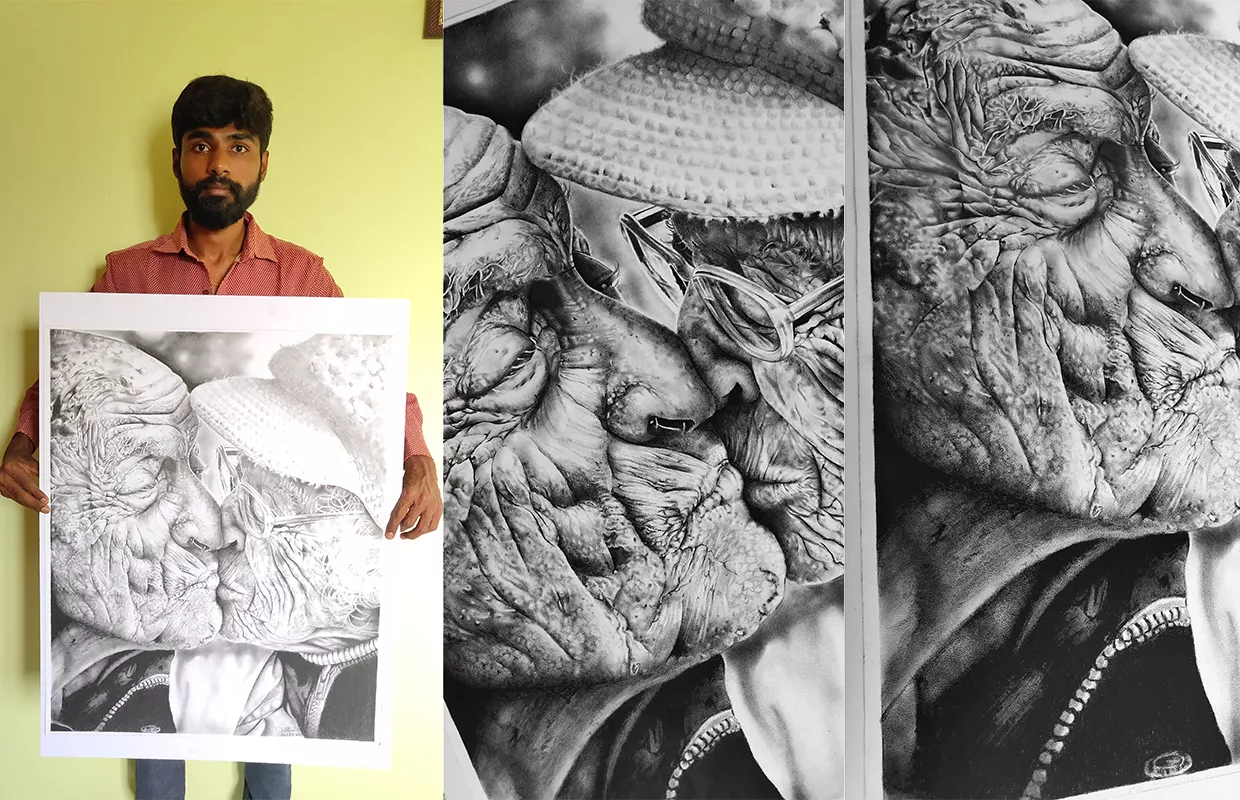 LARGEST HYPER REALISTIC PENCIL PORTRAIT OF OLD  COUPLE