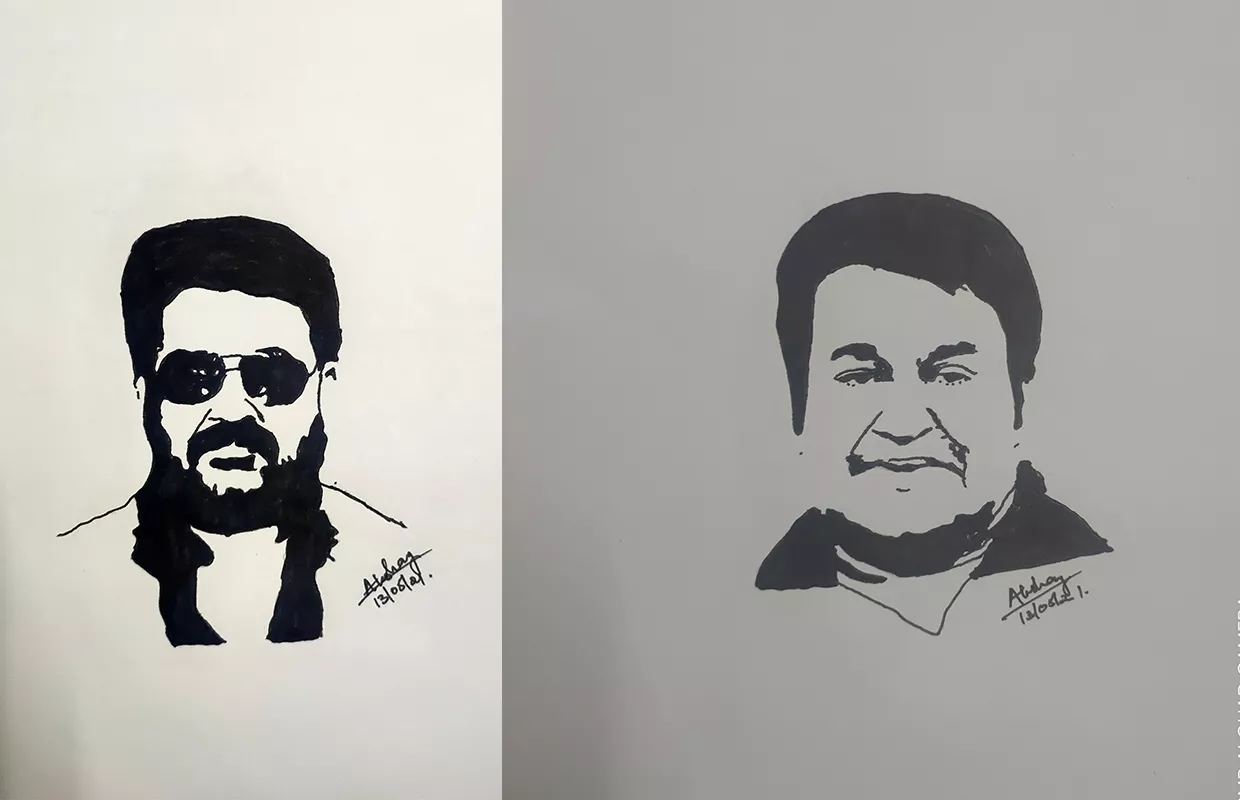 MAXIMUM STENCIL PORTRAITS MADE OF AN INDIAN ACTOR MOHANLAL ON A4 SIZE SHEETS