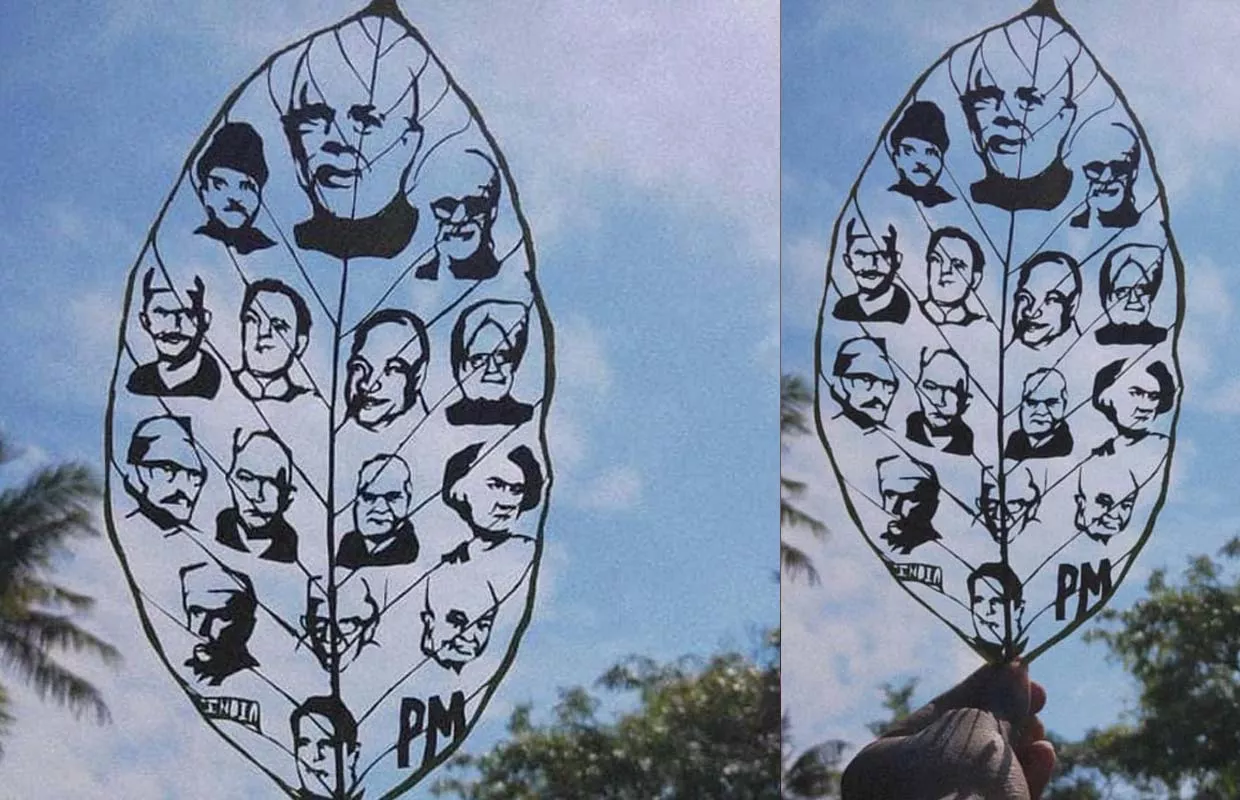 MAXIMUM PORTRAITS OF INDIAN PRIME MINISTERS CARVED ON SINGLE JACKFRUIT LEAF
