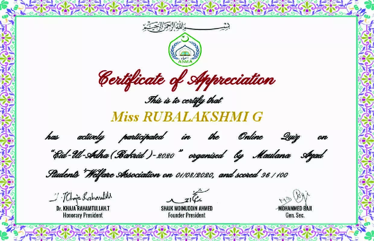 MAXIMUM PARTICIPATION CERTIFICATES ACHIEVED (FEMALE)