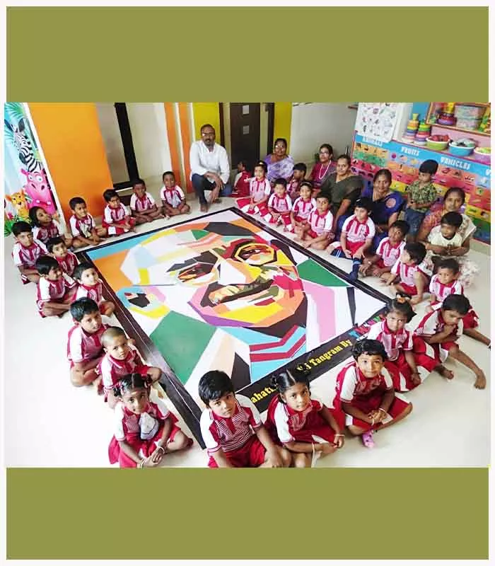 LARGEST MAHATAMA GANDHI TANGRAM PUZZLE ASSEMBLED BY KINDERGARTEN KIDS