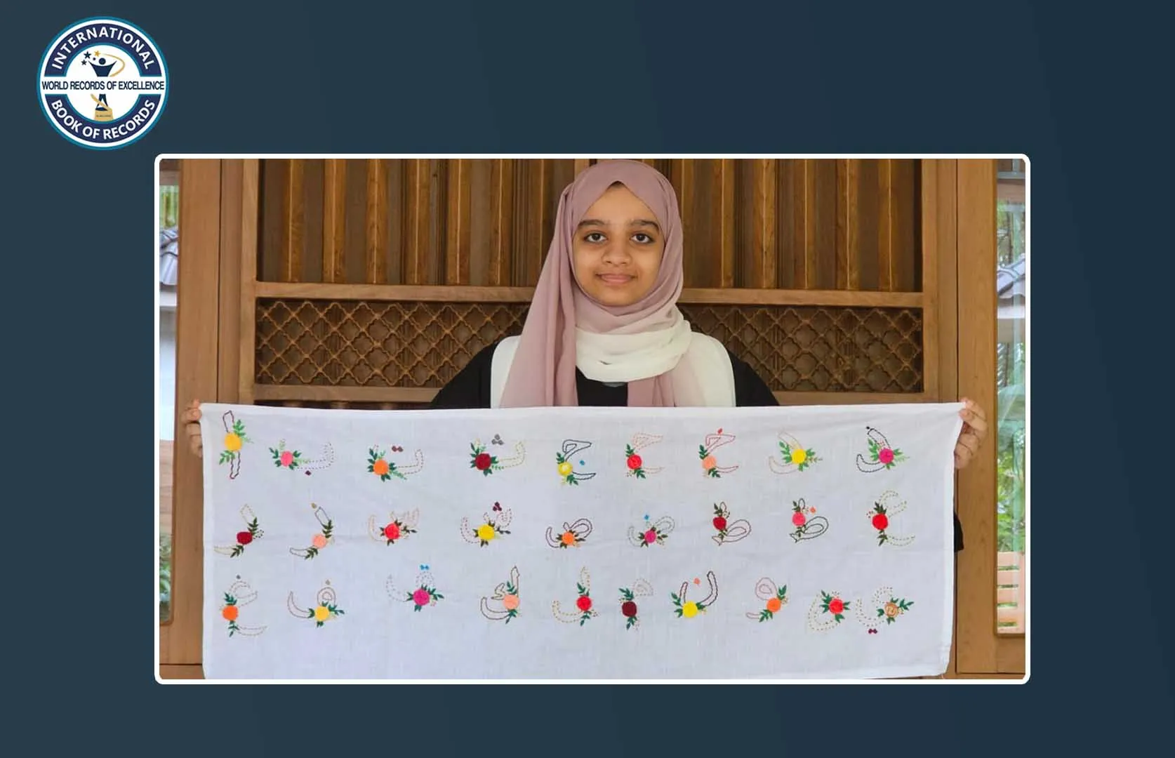 YOUNGEST TO MAKE ARABIC ALPHABET ON A BIGGEST CLOTH BY USING EMBROIDERY THREAD