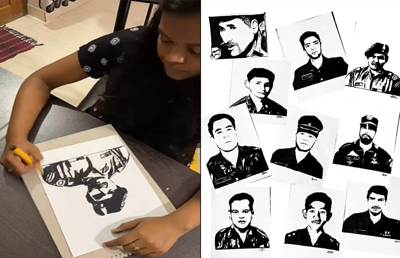 YOUNGEST TO MAKE STENCIL PORTRAITS OF MAXIMUM KARGIL HEROES ON DIFFERENT A4 SIZE SHEETS