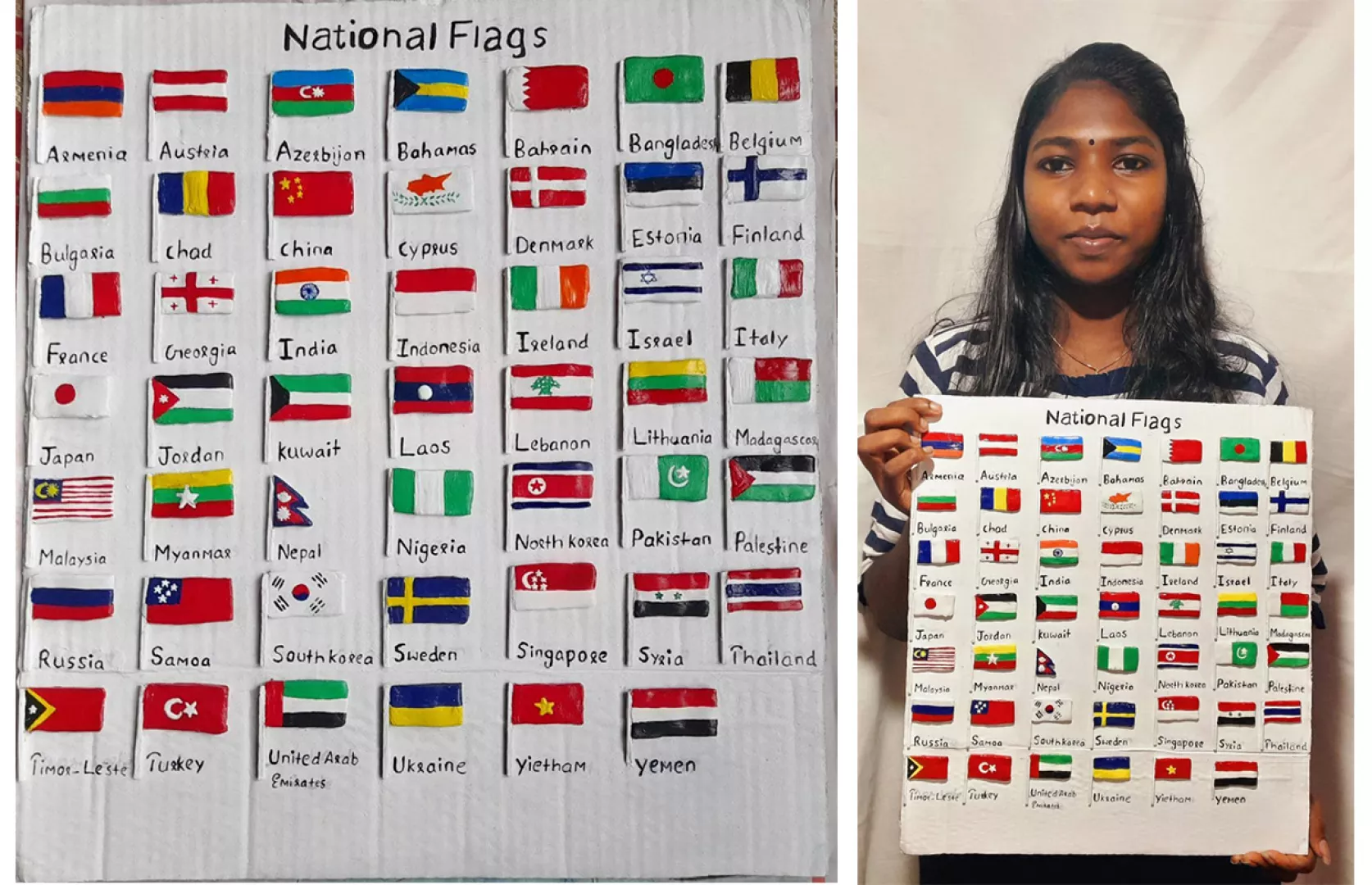 MAXIMUM NATIONAL FLAGS OF COUNTRIES MADE WITH MOULDING CLAY AND PAINT AND FIXED ON CARDBOARD SHEET (TEENAGER)