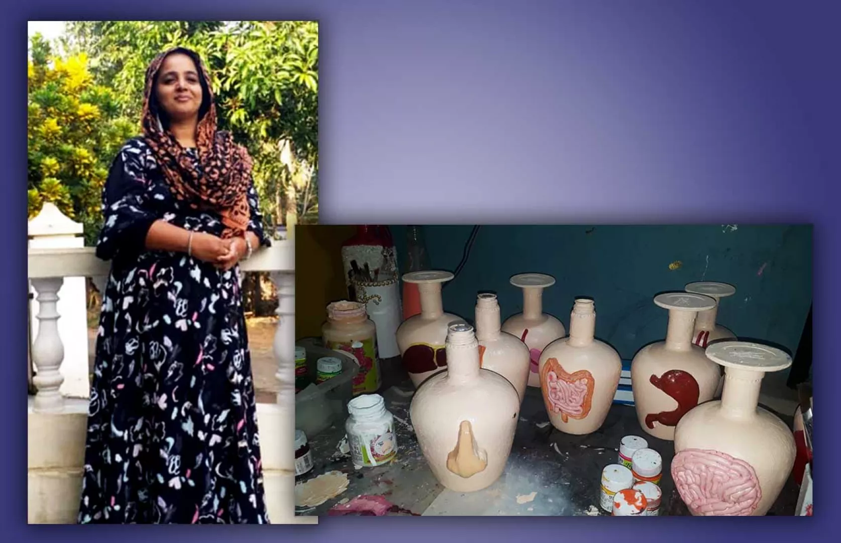MAXIMUM HUMAN BODY ORGANS MADE ON DIFFERENT GLASS BOTTLES USING MOULDING CLAY & PAINT AND FIXED ONE ON ANOTHER