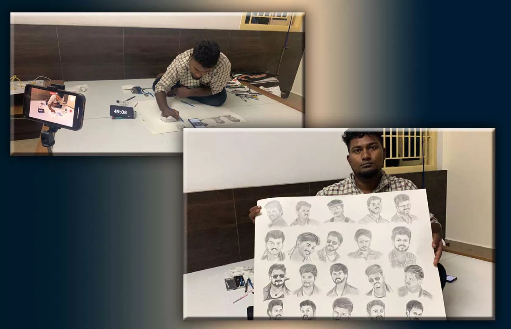 MOST NUMBER OF FREEHAND PORTRAITS OF TAMIL ACTOR VIJAY DRAWN ON A2 SHEET