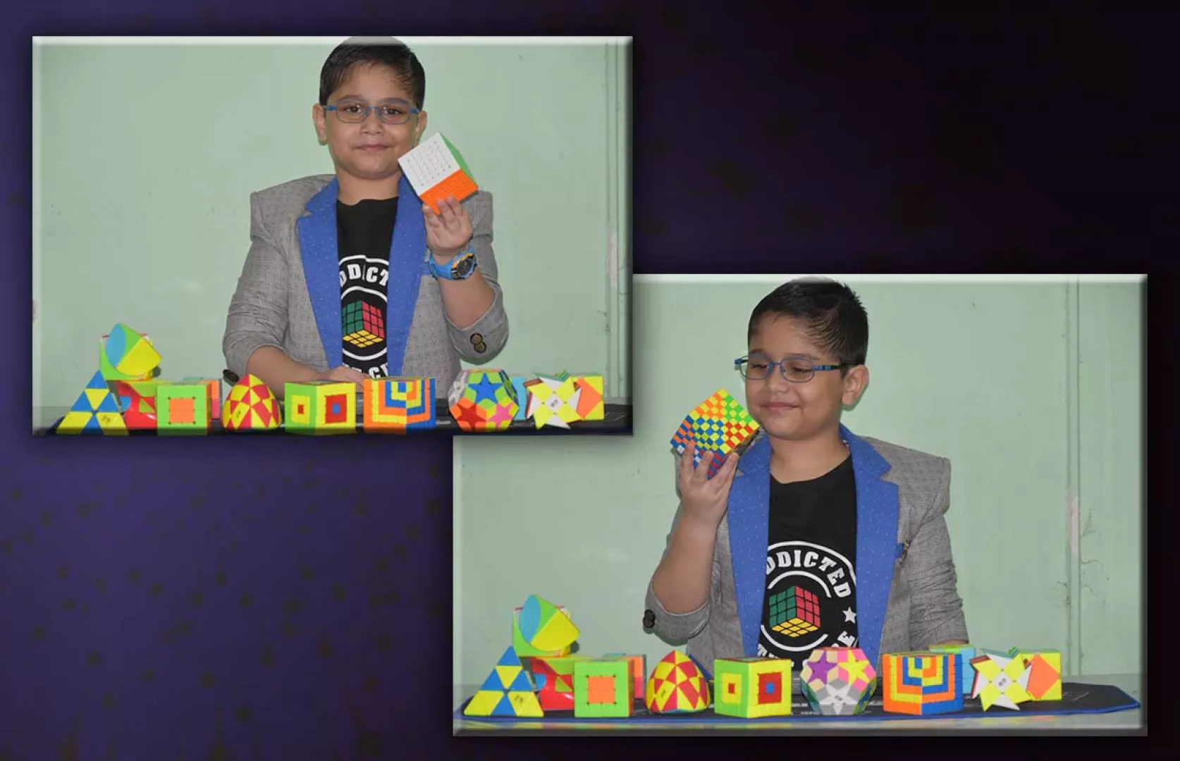YOUNGEST TO SOLVE WCA 7X7X7 RUBIK'S CUBE IN SHORT TIME”, 2. “FASTEST TO SOLVE 10 DIFFERENT WCA RUBIK'S CUBES IN A SHORT TIME BY A KID", 3. “YOUNGEST TO MAKE MOST NUMBER OF PATTERNS ON MULTIPLE RUBIK'S CUBES