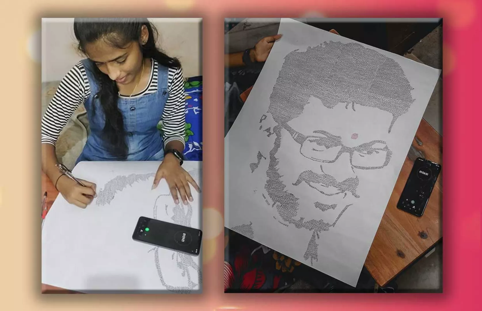 LARGEST STENCIL SPIRAL ART PORTRAIT OF INDIAN ACTOR 'VIJAY' MADE BY A TEENAGER (GIRL)