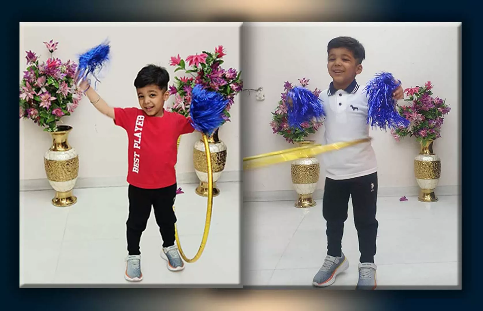 MOST HULA HOOP ROTATIONS AROUND WAIST WHILE HOLDING POM-POMS BY A KID